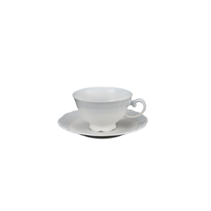 Tazza piatta da 0,18 l con piattino, forma New Baroque, decoro azzurro, delicato smalto azzurro in contrasto con le superfici bianche non smaltate